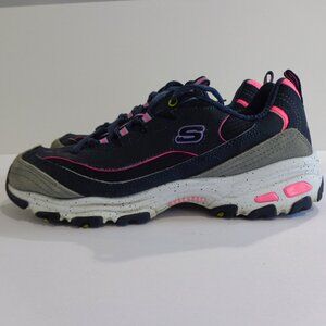 Skechers D'Lites Womens Leather Sneakers Navy Blue Pink Chunky Bold Views Size 8